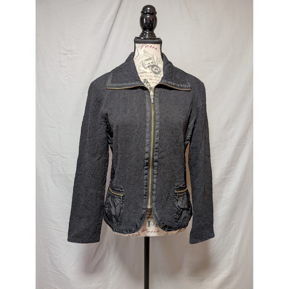 Coldwater Creek Black Textured Crinkle Fabric Zip Cotton Jacket Pockets Size‎ 10